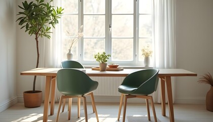 Modern dining room with wooden table and green chairs by a large window