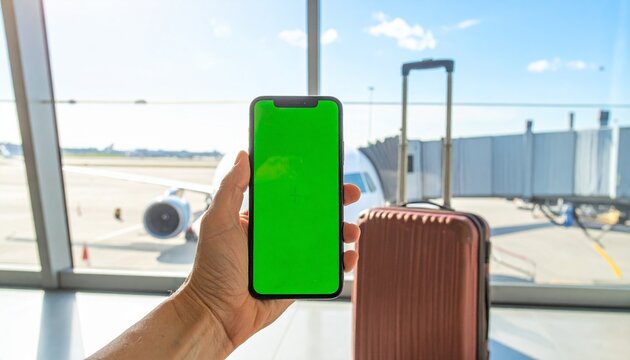 Traveler's digital connection A hand holds a green screen smartphone with an airport, airplane, and suitcase in the background, symbolizing modern journey preparation and communication - Powered by Adobe