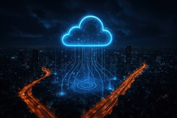 Digital Data Flow: A luminous digital cloud hovers above a sprawling cityscape, its flowing data streams connecting the city in an ethereal display of technological advancement and innovation.