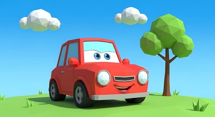 Cute Cartoon Car in a Landscape.