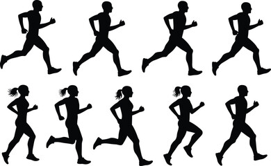 Silhouettes of male and female runners in different running poses, illustrating fitness, jogging, sport, health, exercise, movement, and training.