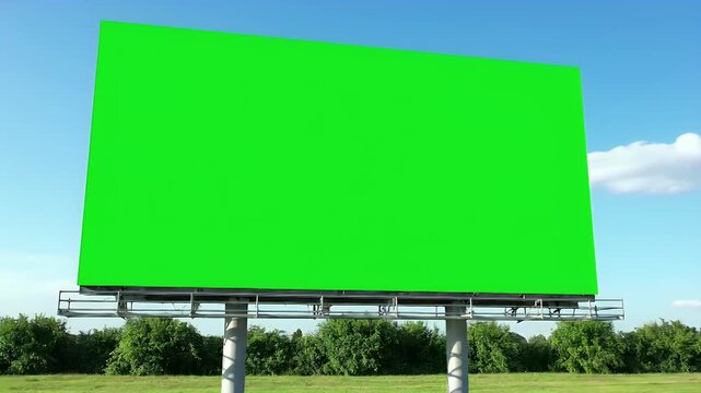 Outdoor billboard with blank green screen for advertisement. Empty chroma key hoarding against blue sky, grass, and trees.
