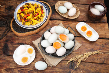 Fresh Farm Eggs with Golden Yolks on Rustic Wooden Table - Organic Country Kitchen Ingredients