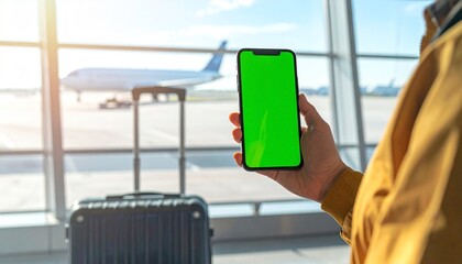Hand holding a mobile phone with a green display screen at an airport, symbolizing digital travel, ease of access, and on-the-go connectivity