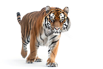 Obraz premium 白背景で歩く迫力ある虎のリアルポートレート