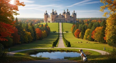 Obraz premium Majestic castle in autumn landscape with dog by pond