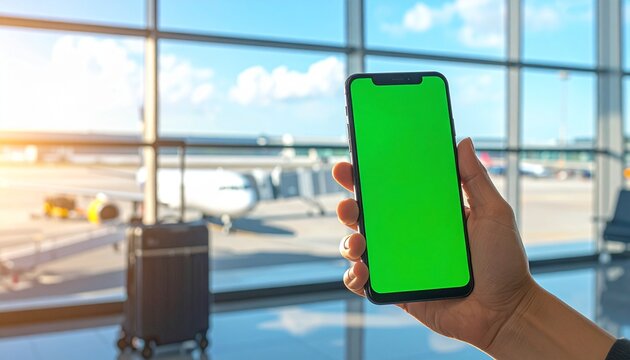 Close-up of a hand holding a smartphone with a customizable green screen against a vibrant airport backdrop, perfect for app promotion or digital travel content
