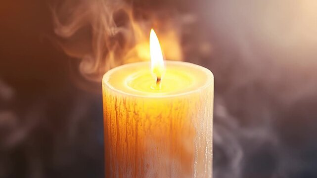 Candle lit with swirling smoke, warm glow