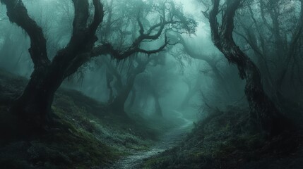 Obraz premium A misty forest with twisted trees creates an eerie atmosphere, inviting exploration yet evoking a sense of mystery and intrigue.