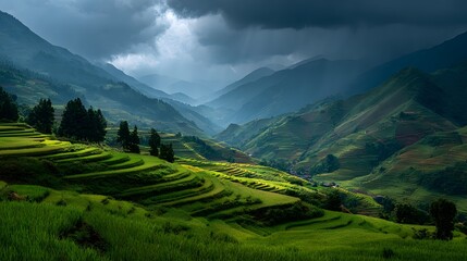Fototapeta premium Stunning landscape of terraced green rice paddies in the mountains. Dramatic, dark storm clouds gather overhead in this moody, atmospheric, photorealistic scene.