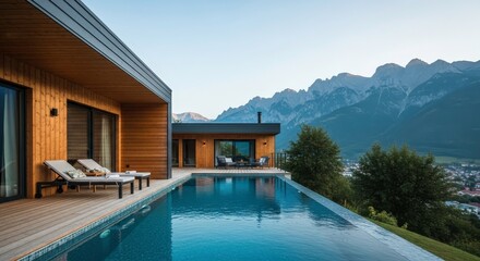 Fototapeta premium Modern wooden house with infinity pool overlooking a mountain range and valley photos of swimming pools, houses with swimming pools, people in swimming pools