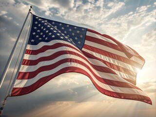 Obraz premium American Flag Waving in the Sky with Sun Rays on transparent background