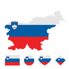 Vector set of Slovenia high detailed map flag and national flag round badge isolated on white background.