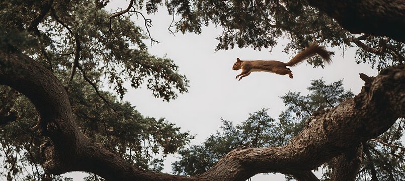 Squirrel leaping through trees wildlife animal nature outdoor rodent forest park woodland environment jump