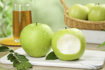 Fresh Green Pears with White Flesh on Cutting Board - Healthy Organic Fruit Photography