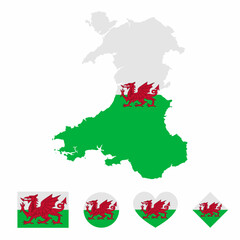Vector set of Wales high detailed map flag and national flag round badge isolated on white background.