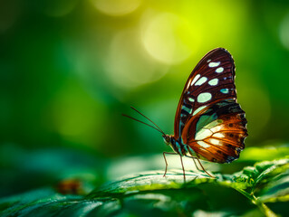 Vibrant butterfly perched on a leaf in a lush green environment