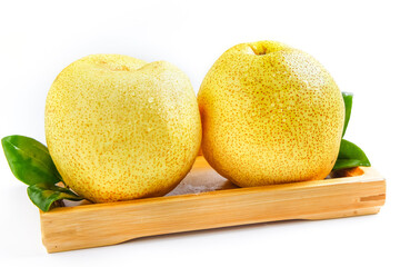 Fresh Dangshan Pears from Anhui Province China on Wooden Board White Background