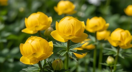 Close-up of bright yellow globe flowers in a garden.