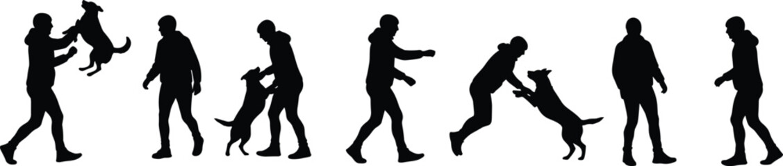Silhouettes of Man Interacting and Playing with Dog in Various Poses for Pet Training, Outdoor Activity, and Animal Behavior Design