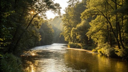 Obraz premium Calmly, a beautiful autumn river winds through a forest, reflecting the colorful trees and blue sky