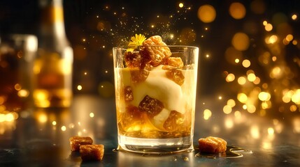 A glass of liquid with a garnish of small pieces of food in it. The liquid is a golden color and the garnish is a yellowish color. The image has a warm and inviting mood
