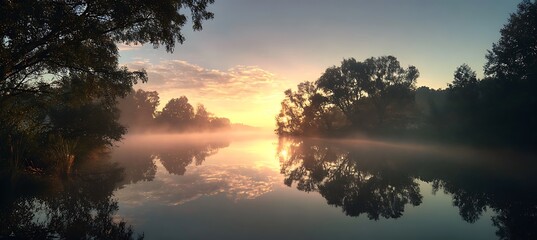 Serene river landscape photography at dawn with fog and trees reflecting in the water surface view