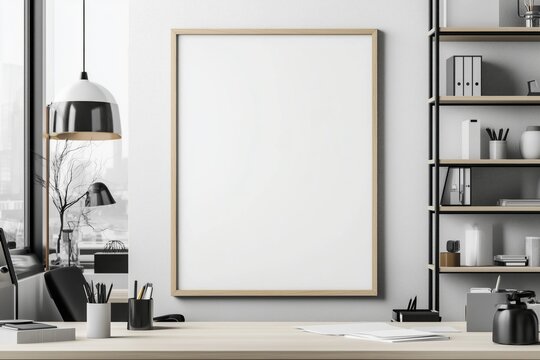 Quadro em branco com moldura de madeira em diferentes ambientes de escrit&oacute;rio e home office modernos, decorados com plantas, lumin&aacute;rias e objetos de design, IA generativa