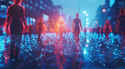 Futuristic city skyline at night with blurred figures walking towards bright upward arrows, symbolizing urban progress and technological advancement.