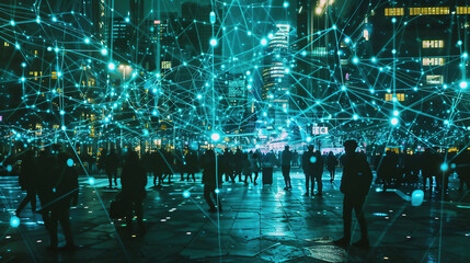 Smart city and abstract line network connection concept. Wireless network and Connection technology concept with city background at night