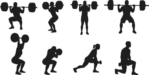 Silhouettes of men and women performing weightlifting exercises including squats, overhead presses, lunges, and powerlifting for strength training.