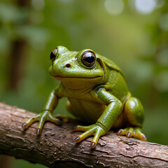 Fototapeta premium Frog on a branch Green frog sitting on a branch Exotic frog on a tree
