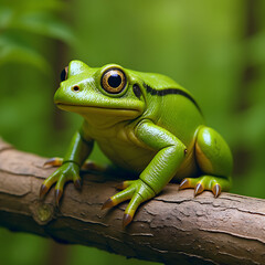 Fototapeta premium Frog on a branch Green frog sitting on a branch Exotic frog on a tree