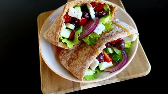 Pouring Olive Oil over Greek Pita Bread with Cucumber, Tomato, Lettuce and Goat Cheese