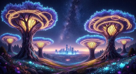 Enchanting bioluminescent forest beneath a starry night sky overlooking a futuristic city