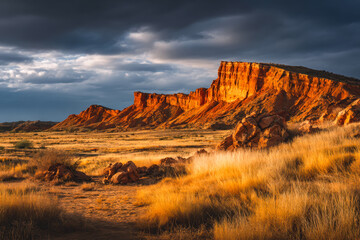 Dramatic sunset lighting on rugged desert landscape with towering cliffs and golden grasses