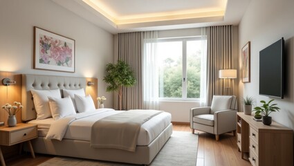 A serene and stylish bedroom boasts a neutral color palette, comfortable furnishings, and a view of the lush greenery outside.
