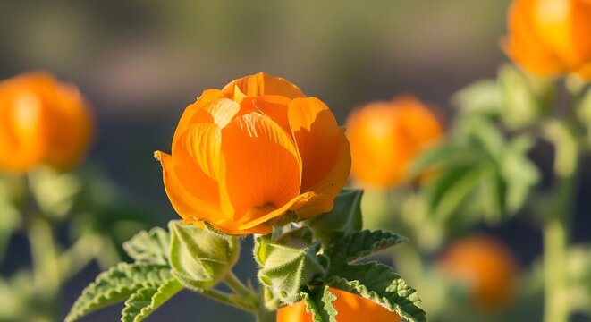 Close up of an orange globe mallow flower in bloom.