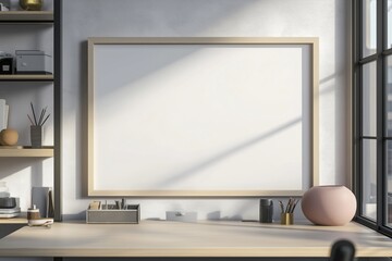 Quadro em branco com moldura de madeira em diferentes ambientes de escritório e home office modernos, decorados com plantas, luminárias e objetos de design, IA generativa