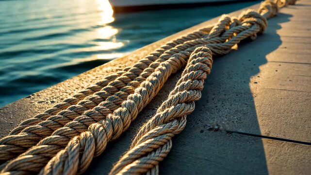 Thick brown ropes tied at dockside with water reflections creating nautical marine detail of strength and texture