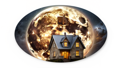 Cozy House Silhouetted Against a Giant Luminous Moon isolated on a transparent background.