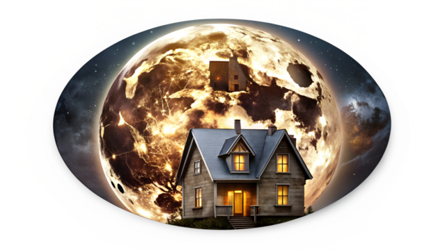 Cozy House Silhouetted Against a Giant Luminous Moon isolated on a transparent background. - Powered by Adobe