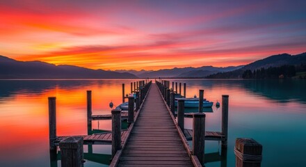 Serene Wooden Pier Bathed in Fiery Sunset Over Calm Lake and Distant Mountains