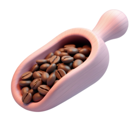 Dark coffee beans fill pale wooden scoop, ready to deliver comforting morning ritual