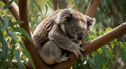Fototapeta premium A cute koala is sleeping on a tree branch in the forest, surrounded by green leaves and a blurred background