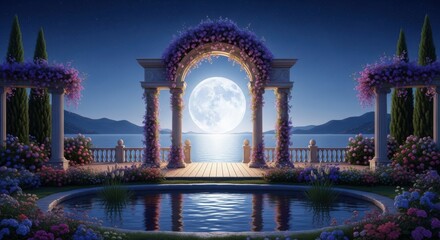 Enchanting Moonlit Garden Archway Overlooking Serene Ocean Waters