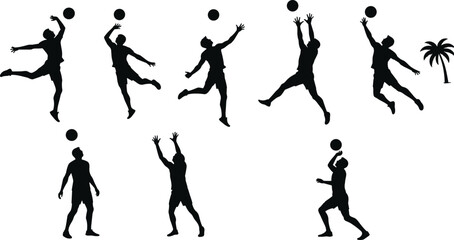 Silhouettes of men playing volleyball jumping, serving, and hitting ball with tropical palm tree background vector illustration design.