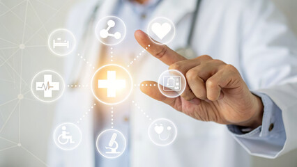 Doctor hand touching glowing medical icons, healthcare technology concept, digital interface with health symbols, innovation in medicine, futuristic hospital network, modern medical service