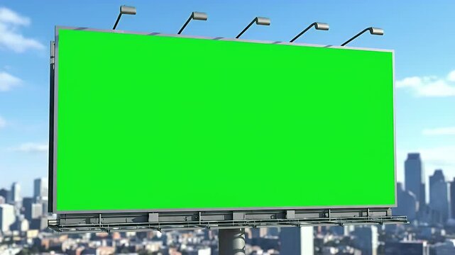 Large outdoor advertising billboard with a green screen display against a modern city skyline and blue sky, perfect for mock-up content.