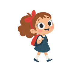 Cute Little Girl Wearing School Uniform with backpack. Having Fun. Kid cartoon vector Illustration